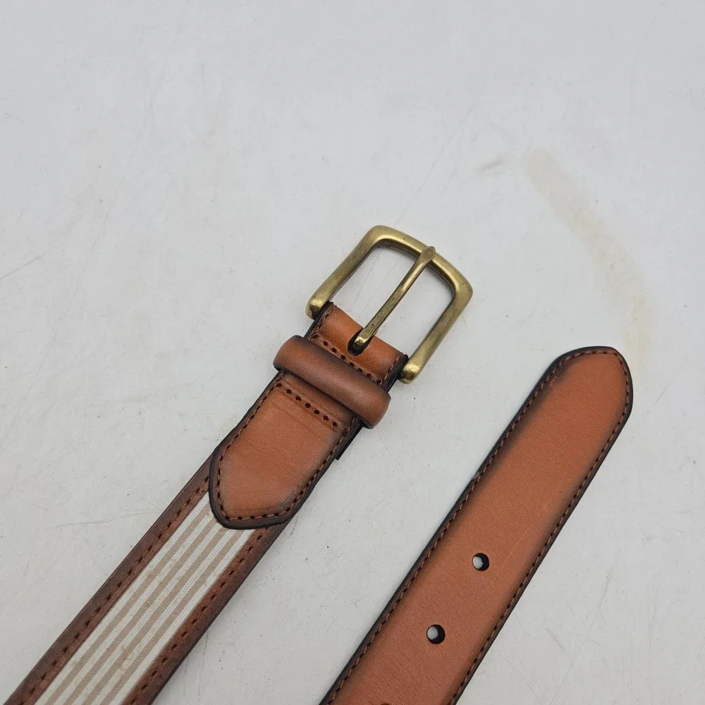 Structure Belt Brown Leather Striped Fabric Mens 36 Brass Buckle NWOT